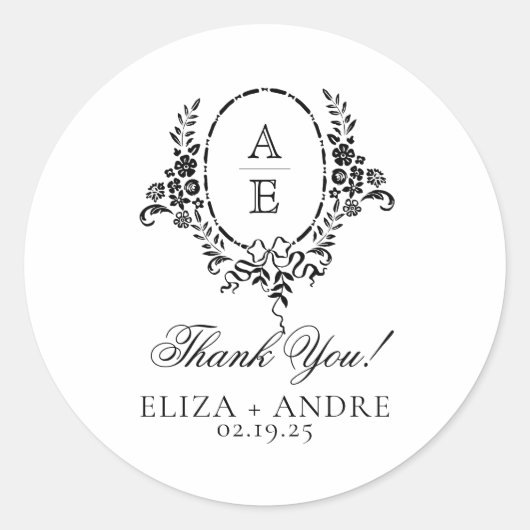 Elegante Schwarz-Weiß-Blumen-Monogramm-Hochzeit Runder Aufkleber (Vorderseite)