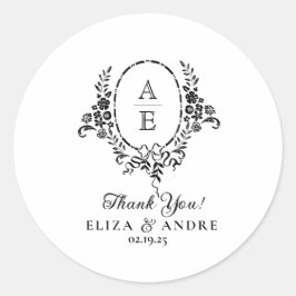Elegante Schwarz-Weiß-Blumen-Monogramm-Hochzeit Runder Aufkleber