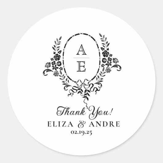 Elegante Schwarz-Weiß-Blumen-Monogramm-Hochzeit Runder Aufkleber (Vorderseite)