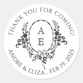 Elegante Schwarz-Weiß-Blumen-Monogramm-Hochzeit Runder Aufkleber