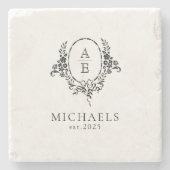 Elegante Schwarz-Weiß-Blumen-Monogramm-Hochzeit Steinuntersetzer (Vorderseite)