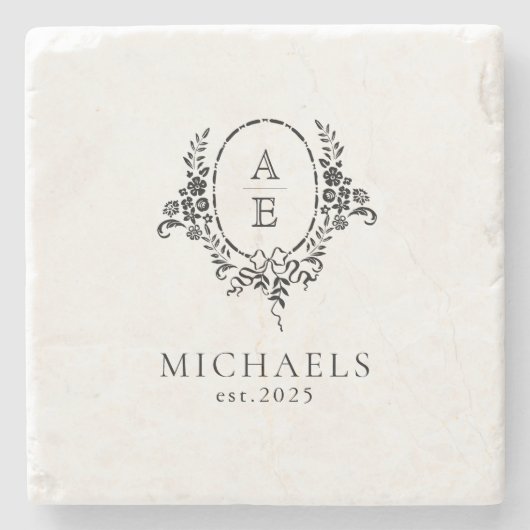 Elegante Schwarz-Weiß-Blumen-Monogramm-Hochzeit Steinuntersetzer (Vorderseite)
