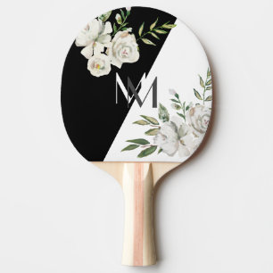 Elegante Schwarz-Weiß-Blumen-Monogramm-Initialen Tischtennis Schläger