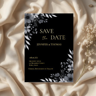 Elegante Schwarz-Weiß-Blumen-Save-the-Karte Folien Feiertagskarte