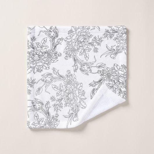 Elegante Schwarz-Weiß-Blumen-Toile Badhandtuch Set (Waschlappen)