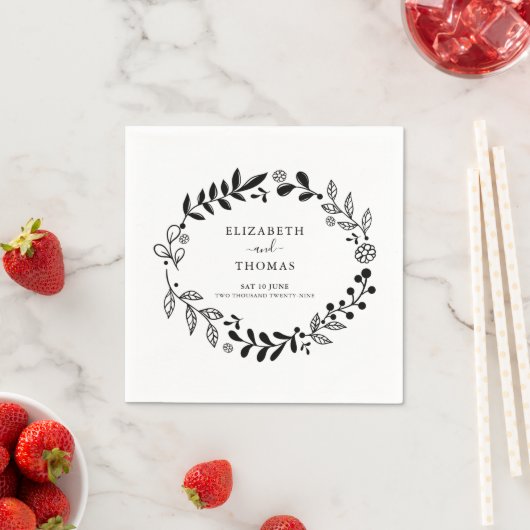 Elegante Schwarz-Weiß-Blumengarten Hochzeit Serviette (Beispiel)