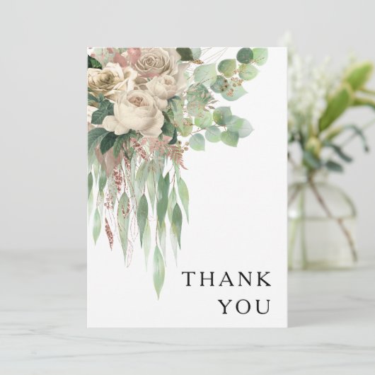 Elegante Schwarz-Weiß-Blumenhochzeit Dankeskarte (Stehend Vorderseite)