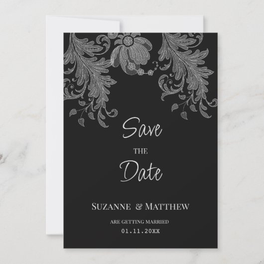 Elegante Schwarz-Weiß-Blumenspitze Save the Date Einladung (Vorderseite)