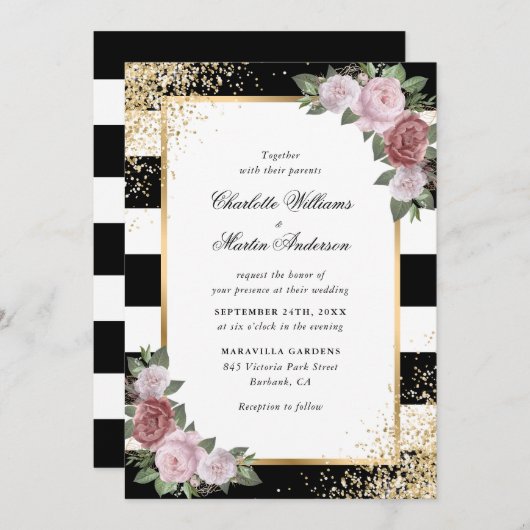 Elegante Schwarz-weiß Blush Pink Gold Hochzeit Einladung (Vorne/Hinten)