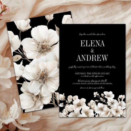 Elegante Schwarz-Weiß-Blütenhochzeit Einladung