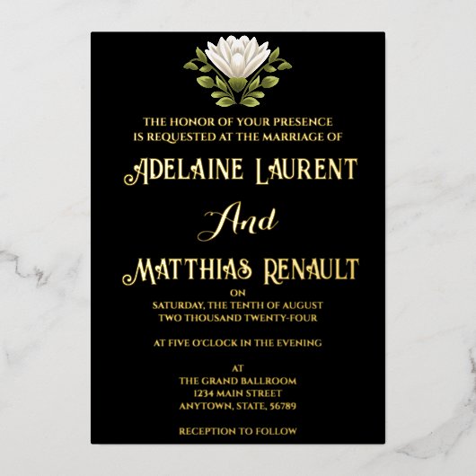 Elegante Schwarz-Weiß-Blütenhochzeit: Kalligraphie Folieneinladung (Vorderseite)