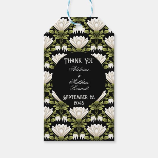 Elegante Schwarz-Weiß-Blütenhochzeit: Kalligraphie Geschenkanhänger (Vorderseite)