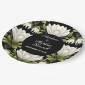 Elegante Schwarz-Weiß-Blütenhochzeit: Kalligraphie Pappteller (Schrägansicht)