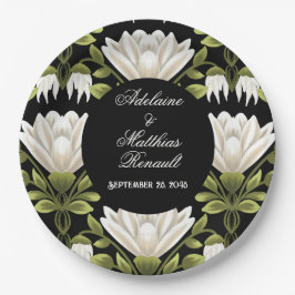 Elegante Schwarz-Weiß-Blütenhochzeit: Kalligraphie Pappteller