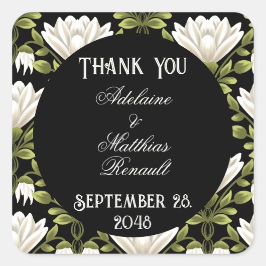 Elegante Schwarz-Weiß-Blütenhochzeit: Kalligraphie Quadratischer Aufkleber (Vorderseite)
