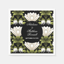 Elegante Schwarz-Weiß-Blütenhochzeit: Kalligraphie Serviette