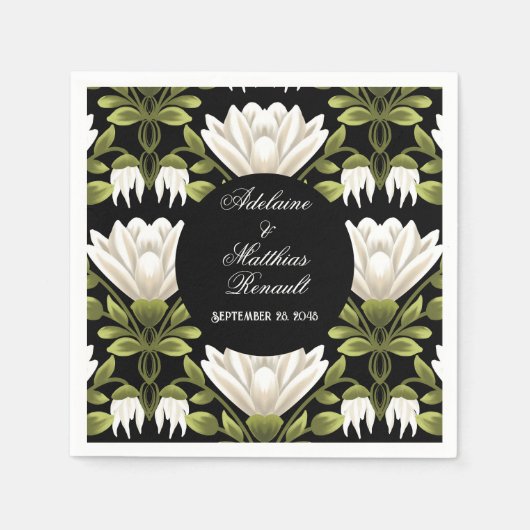 Elegante Schwarz-Weiß-Blütenhochzeit: Kalligraphie Serviette (Vorderseite)
