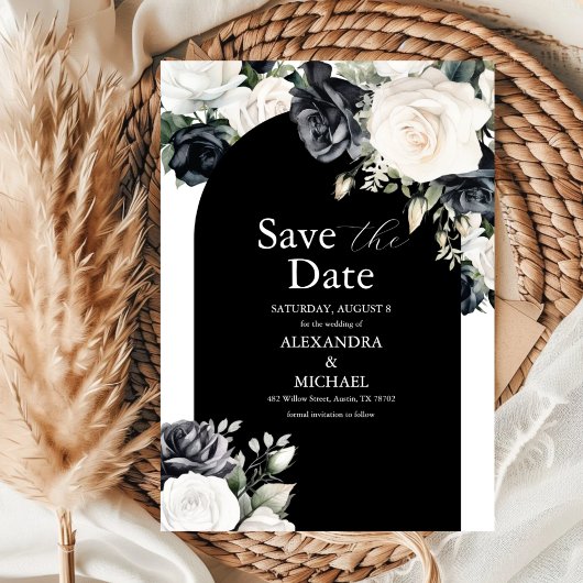 Elegante Schwarz-Weiß-Blütenhochzeit Save The Date
