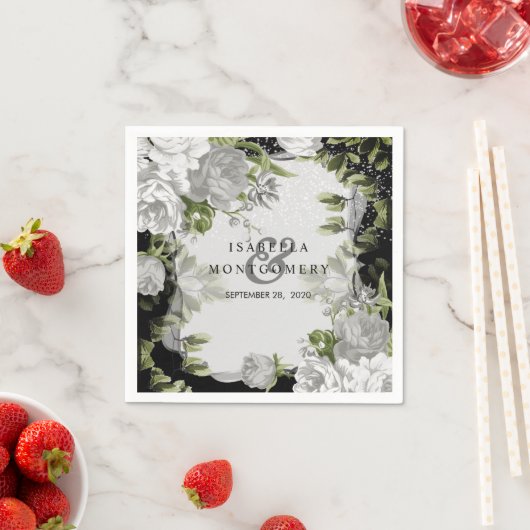 Elegante Schwarz-Weiß-Blütenhochzeit Serviette (Beispiel)