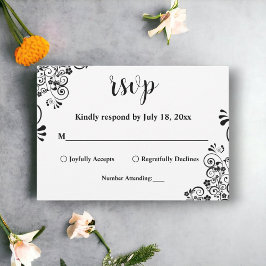 Elegante Schwarz-Weiß-Boho Verzierte Blumenhochzei RSVP Karte