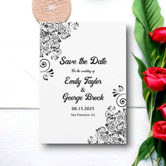 Elegante Schwarz-Weiß-Boho Verzierte Blumenhochzei Save The Date