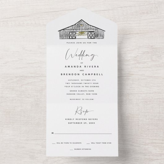 Elegante Schwarz-Weiß-Braun-Hochzeit All In One Einladung (Innen Boden)