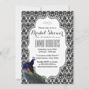 Elegante Schwarz-Weiß-Damask-Pfau-Brautparty Einladung