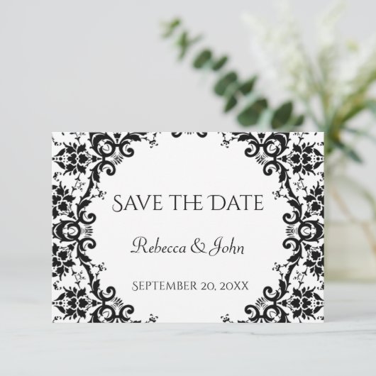Elegante Schwarz-Weiß-Damaskus-Hochzeit Save The Date (Stehend Vorderseite)