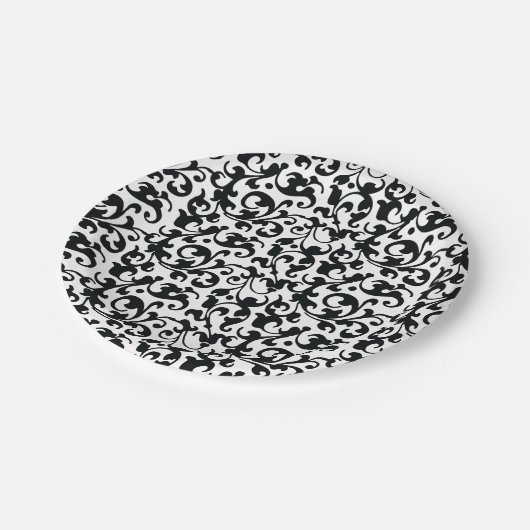 Elegante Schwarz-Weiß-Damaskus-Wirbel Pappteller (Schrägansicht)