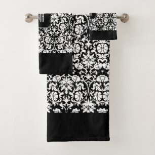 Elegante Schwarz-Weiß-Damast-Muster Badhandtuch Set