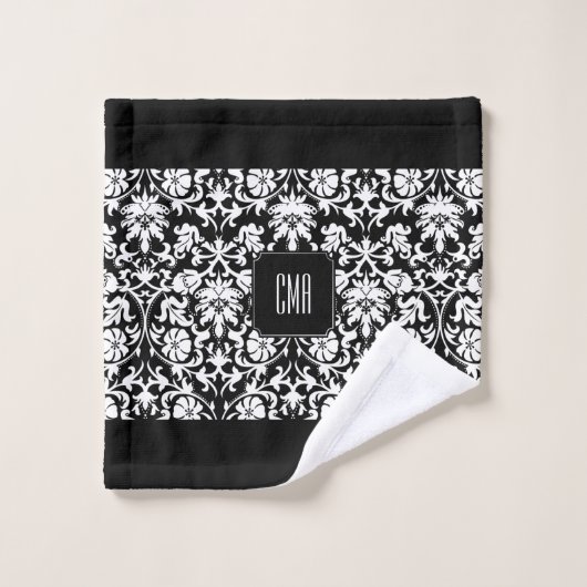 Elegante Schwarz-Weiß-Damast-Muster Badhandtuch Set (Waschlappen)