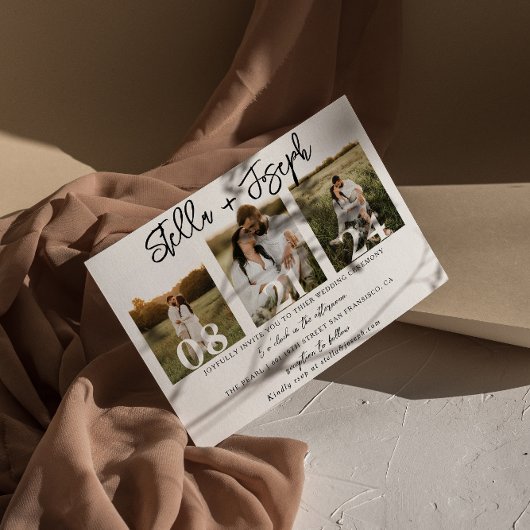 Elegante Schwarz/Weiß Drei Fotos Collage Wedding Einladung