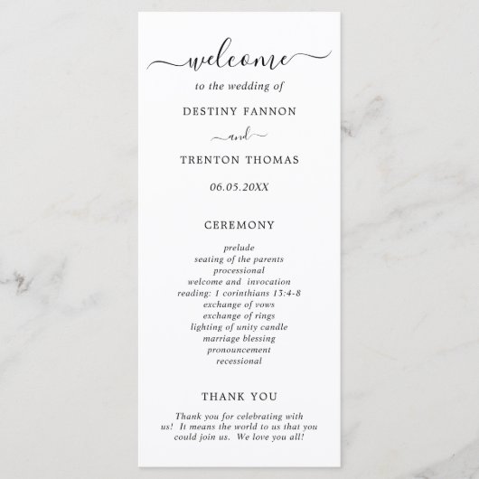 Elegante Schwarz-Weiß-Einfache Hochzeit Programm (Vorderseite)