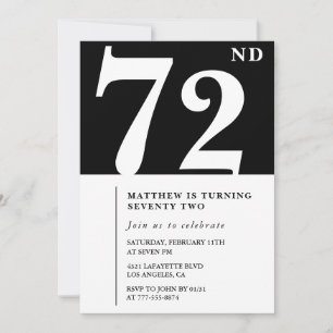 Elegante Schwarz-Weiß-Einladung zum 72. Geburtstag Einladung
