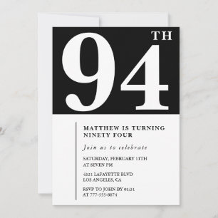Elegante Schwarz-Weiß-Einladung zum 94. Geburtstag Einladung