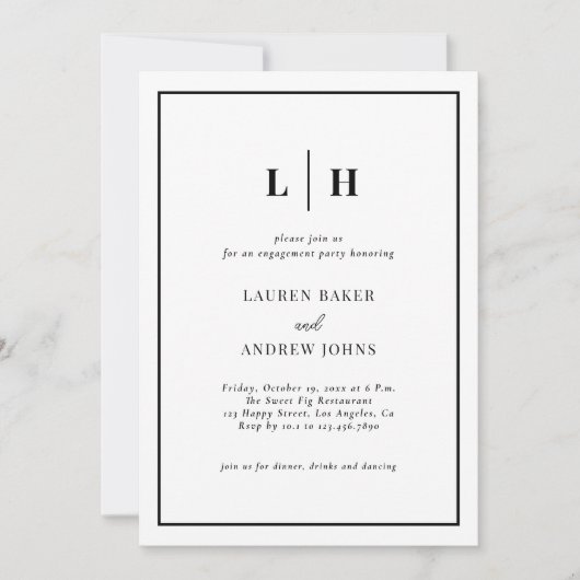 Elegante Schwarz-Weiß-Engagement-Partei Einladung (Vorderseite)