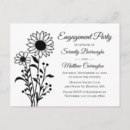 Elegante Schwarz-Weiß-Engagement-Partei Postkarte (Vorderseite)