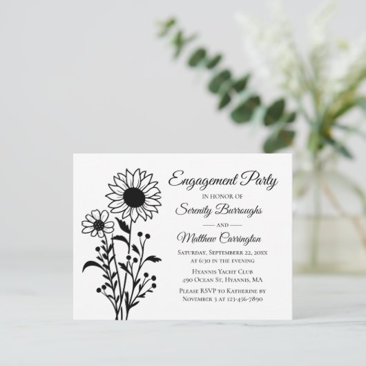 Elegante Schwarz-Weiß-Engagement-Partei Postkarte (Stehend Vorderseite)