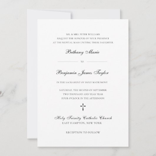 Elegante Schwarz-Weiß-feierliche katholische Hochz Einladung (Vorderseite)