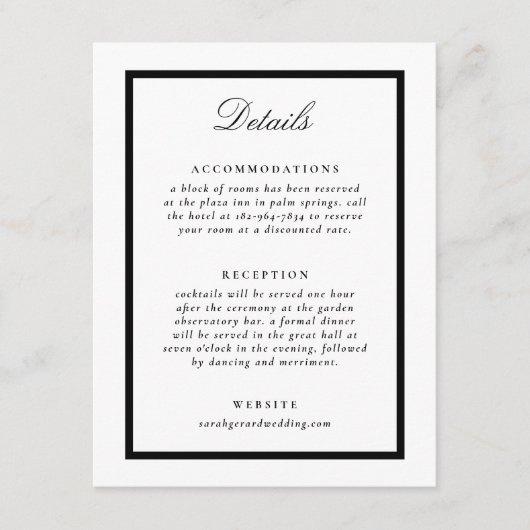 Elegante Schwarz-Weiß-Feierlichkeiten Details Begleitkarte (Vorderseite)