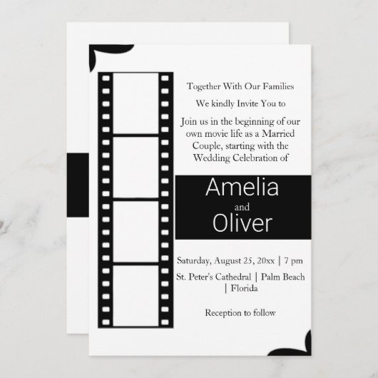 Elegante Schwarz-Weiß-Film-Hochzeit Einladung (Vorne/Hinten)