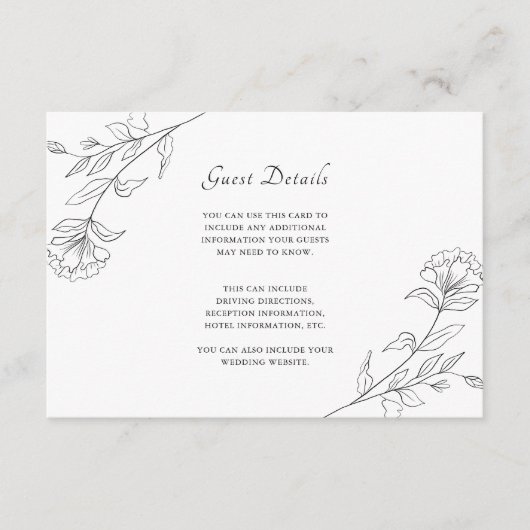 Elegante Schwarz-Weiß-Flora-Gastdetails Begleitkarte (Vorderseite)