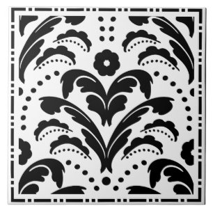 Elegante Schwarz-Weiß-Floral-Art-Deco-Damask Fliese