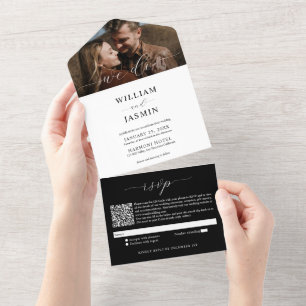Elegante Schwarz-Weiß-Foto-Schrift-QR-Code-Hochzei All In One Einladung