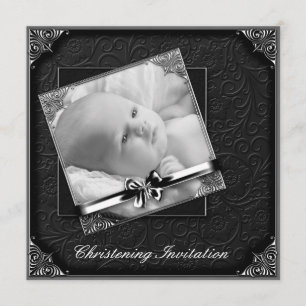 Elegante Schwarz-Weiß-Foto-Taufe Einladung