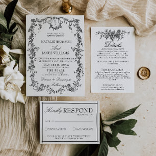 Elegante Schwarz-Weiß-Garten-Monogramm-Hochzeit Einladung