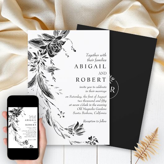 Elegante Schwarz-Weiß-Gartenhochzeit Einladung