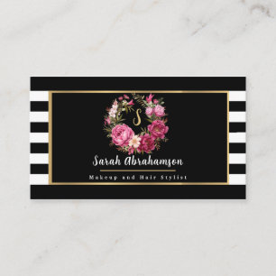 Elegante Schwarz-Weiß gestreifte Flora Visitenkarte