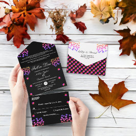 Elegante Schwarz-Weiß-glänzende Blätter Hochzeit i All In One Einladung