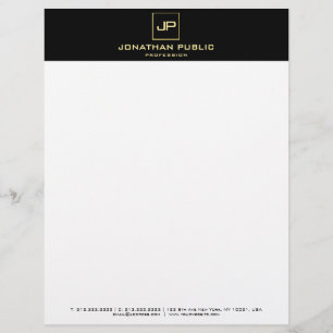Elegante Schwarz-Weiß-Gold-Monogramm-Moderne Vorla Briefbogen